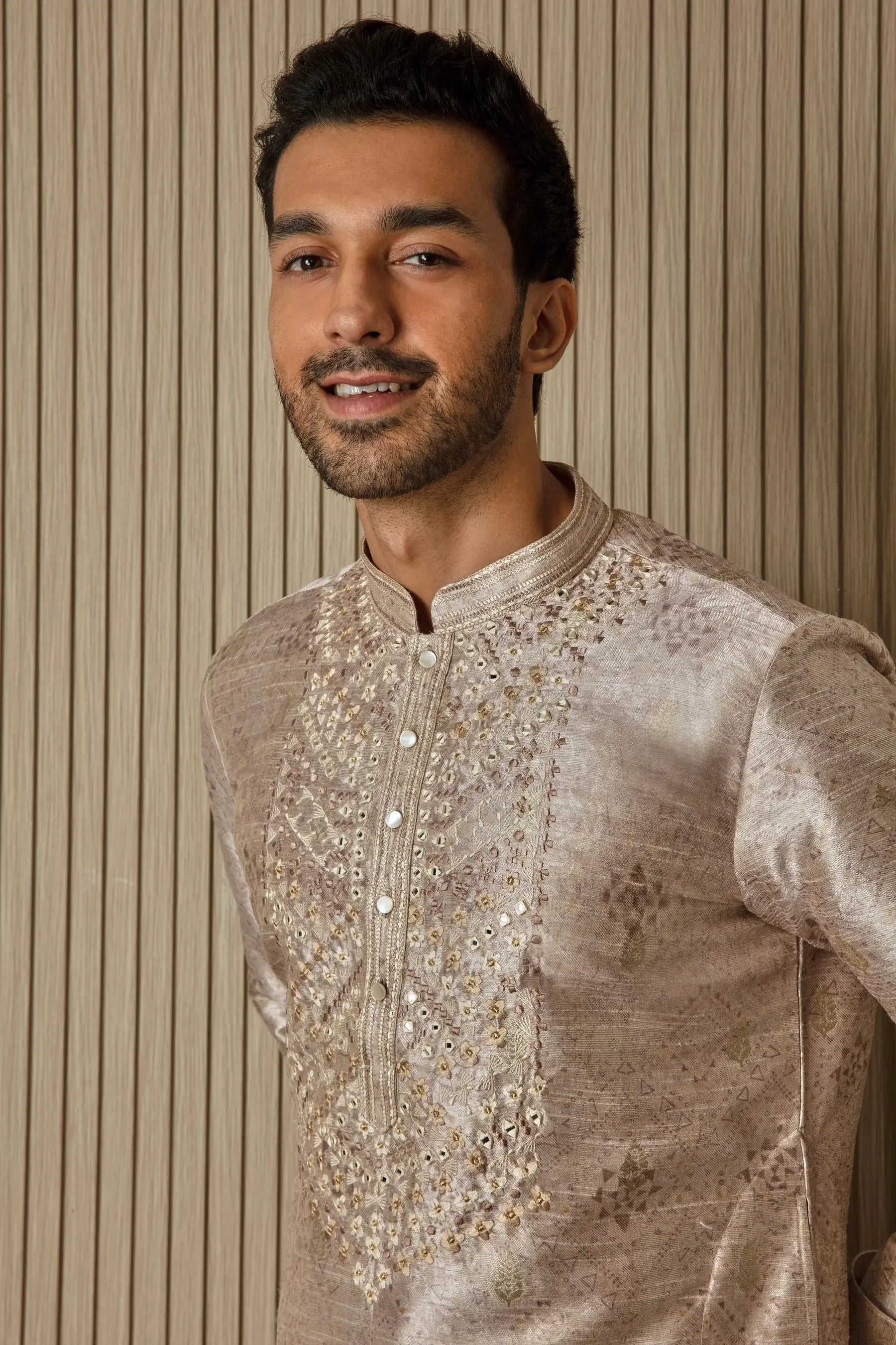 Printed Elegance: Jacquard Silk Kurta with Mirror, Sequin, Resham, and Zari Work
