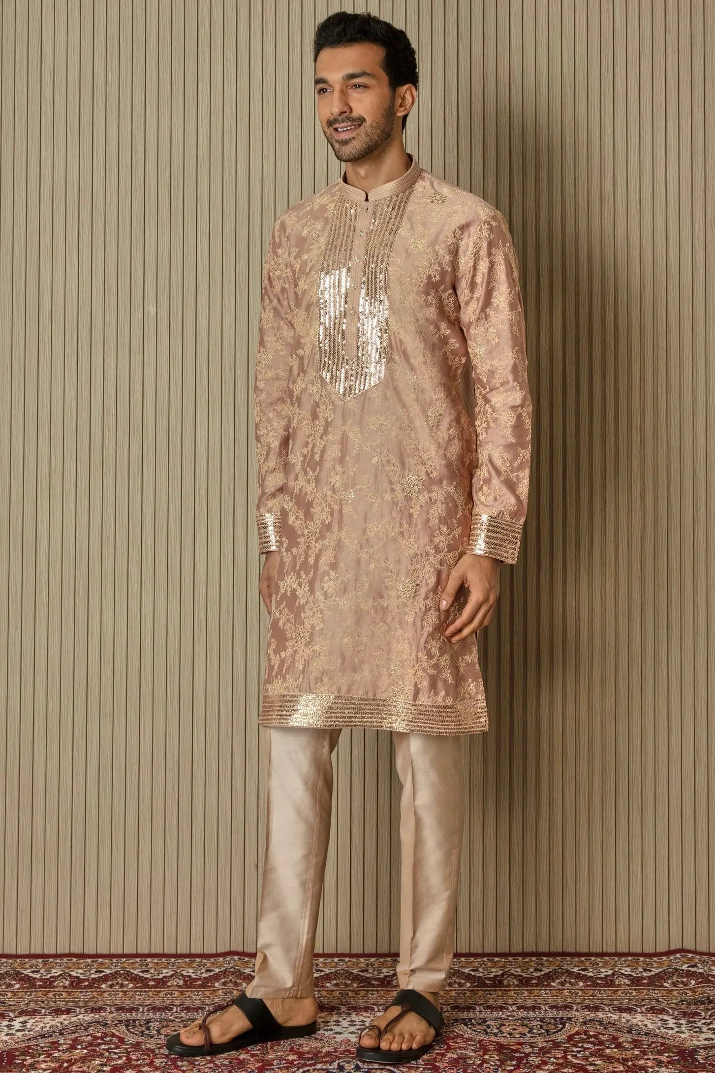Peachy Radiance: Abstract Floral Sequin Kurta