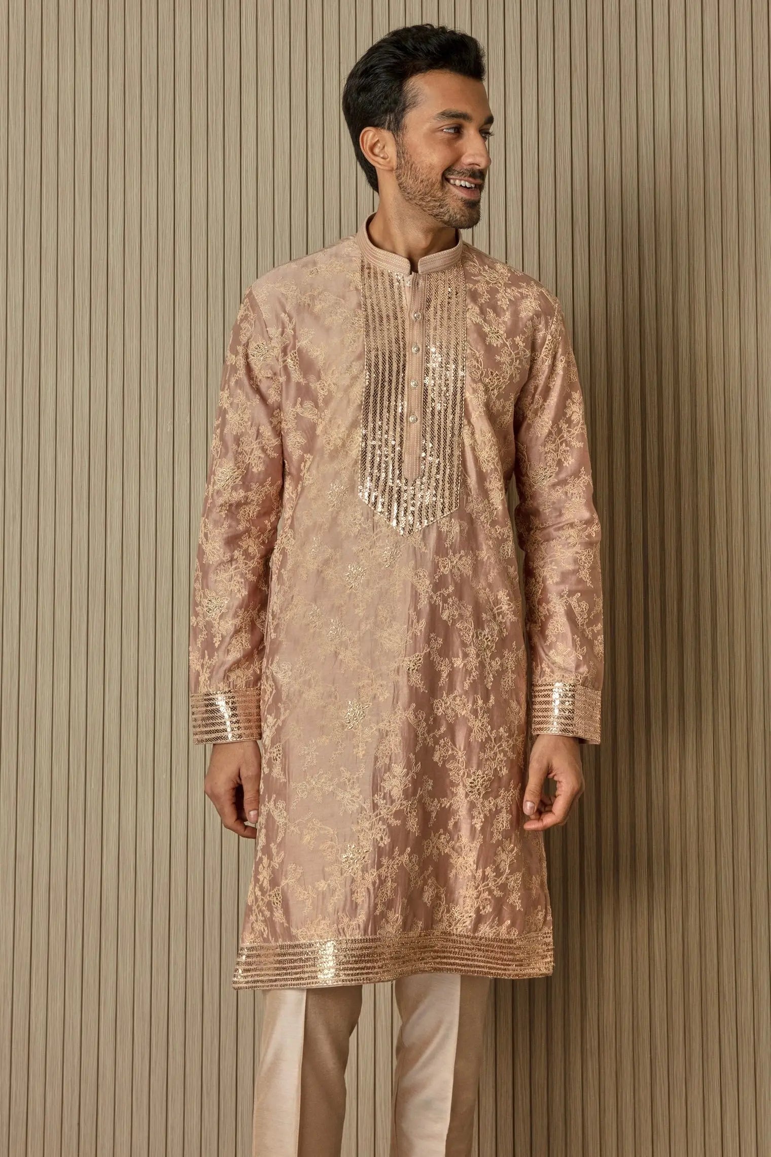 Peachy Radiance: Abstract Floral Sequin Kurta