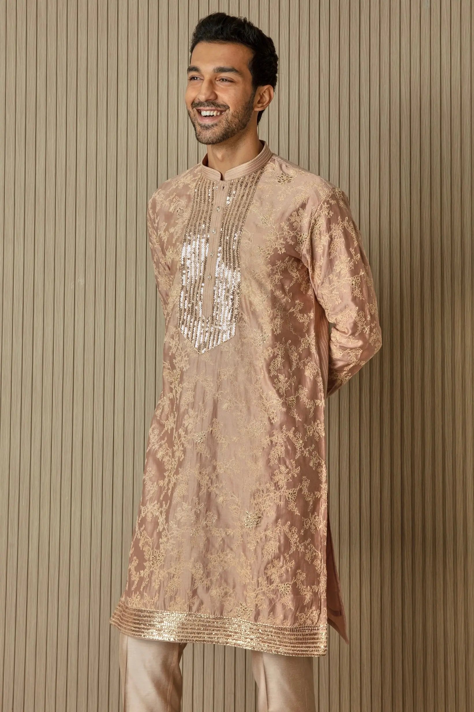 Peachy Radiance: Abstract Floral Sequin Kurta