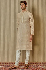 Cream Dream: Tussar Silk Kurta with Resham, Lurex, Zari, and Sequin Embroidery