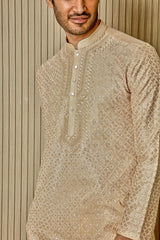 Cream Dream: Tussar Silk Kurta with Resham, Lurex, Zari, and Sequin Embroidery