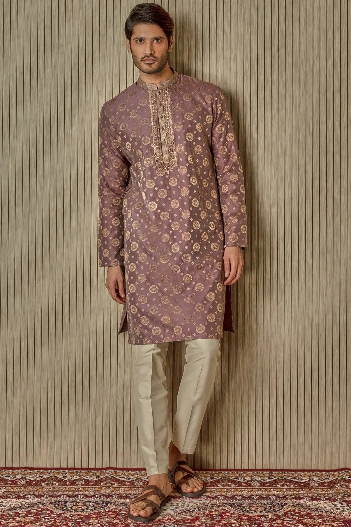 Chakra Symphony: Jacquard Silk Print Motif Kurta
