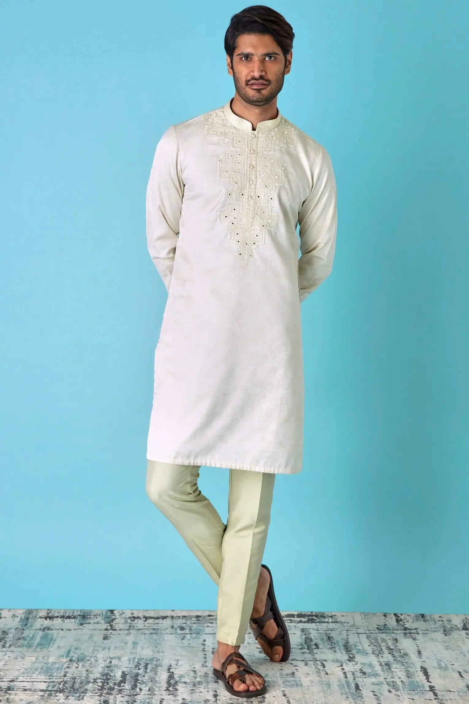 Ivory Glamour: Jacquard Print Mirror Embroidered Kurta