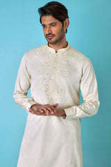 Ivory Glamour: Jacquard Print Mirror Embroidered Kurta