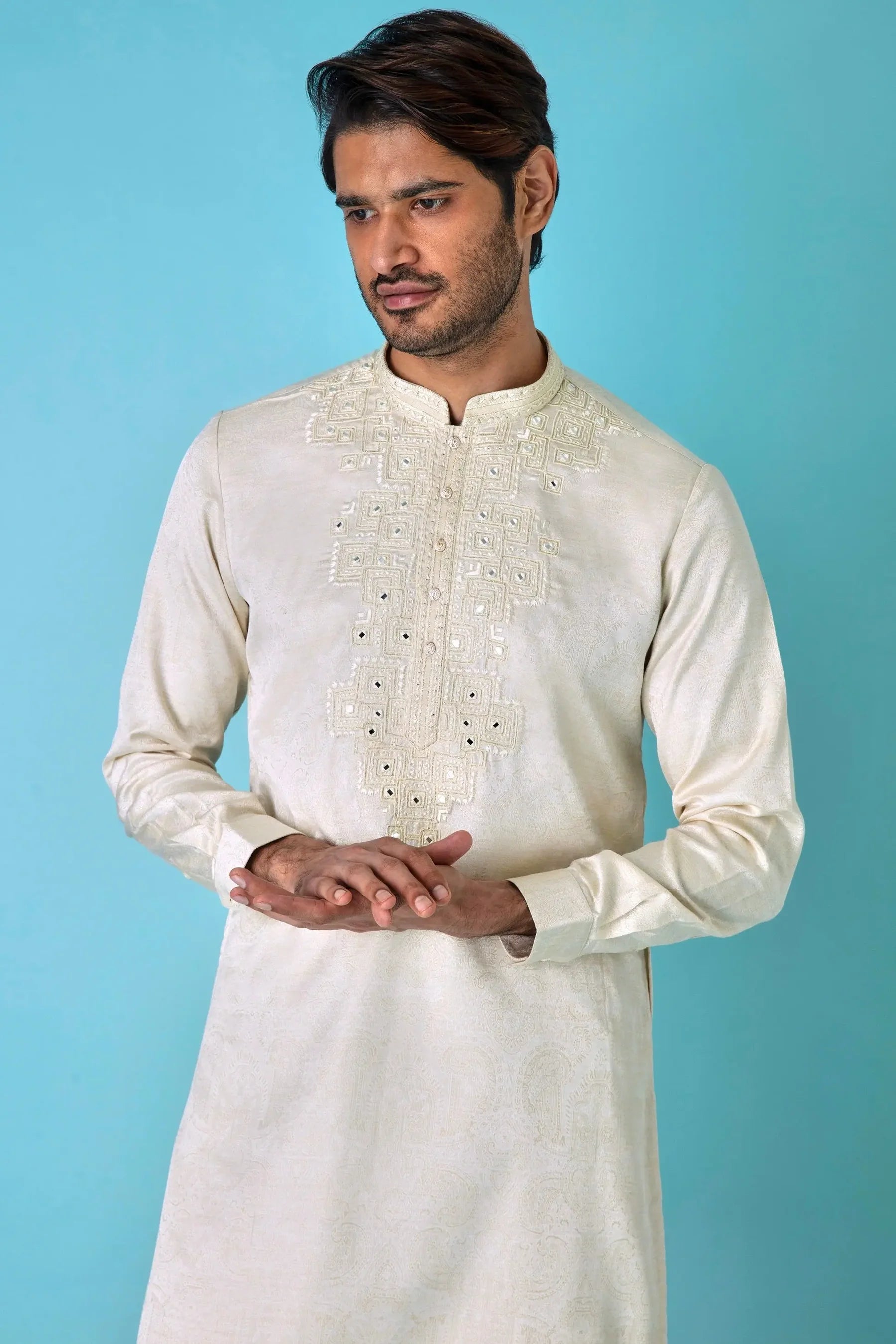Ivory Glamour: Jacquard Print Mirror Embroidered Kurta