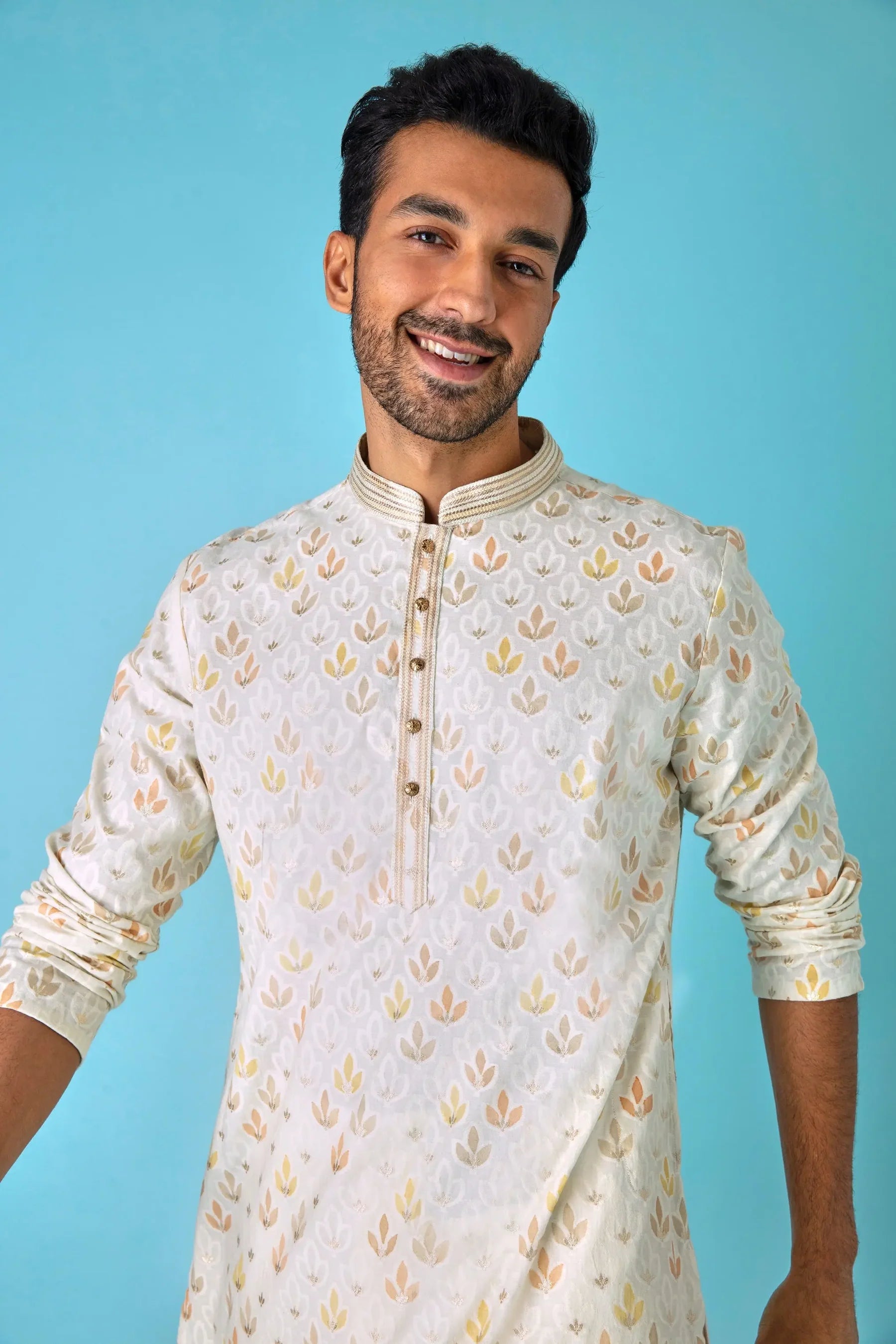 Leafy Affair: Ivory Kurta with Leaf Motifs in Yellow, Peach, and White