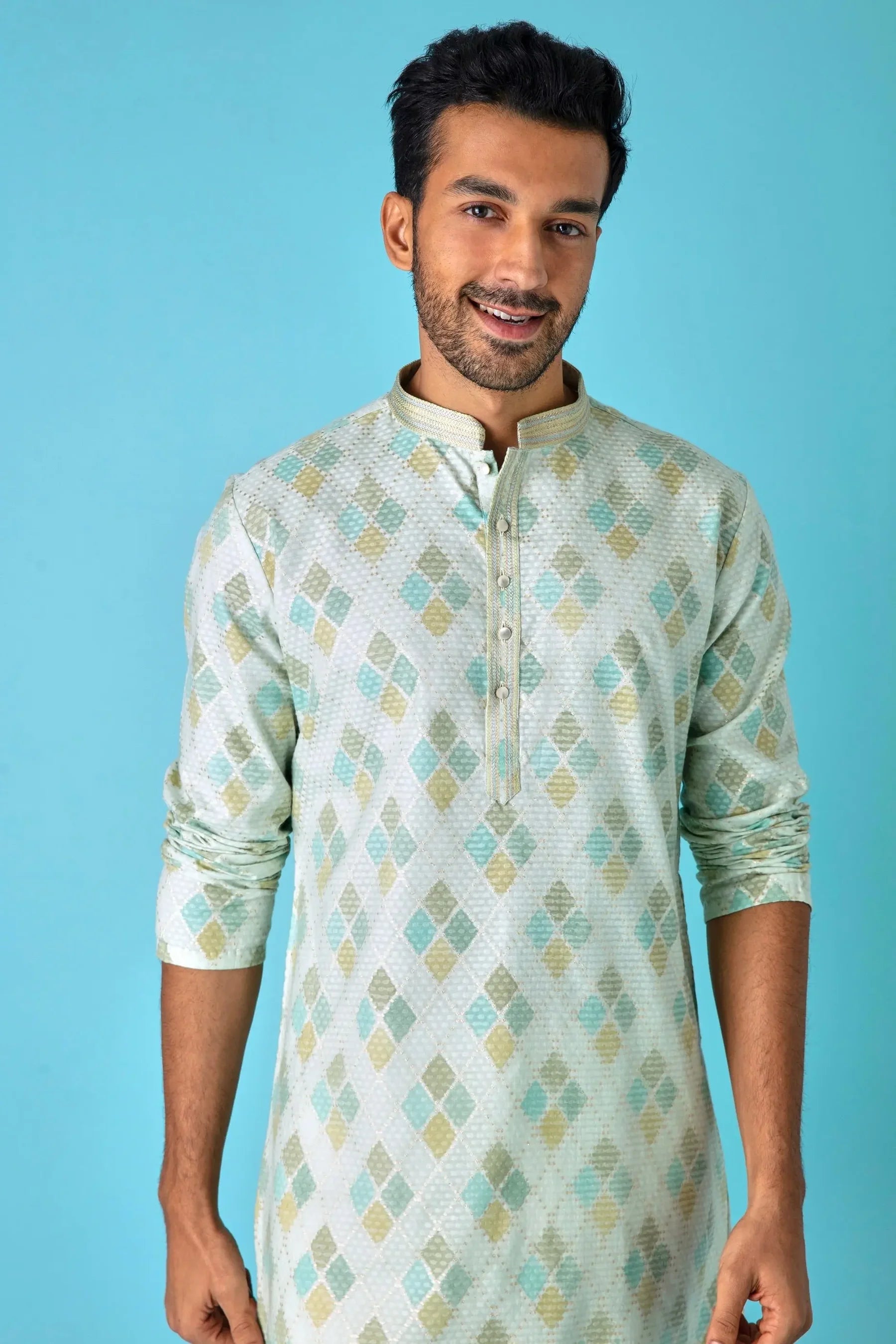 Emerald Elegance: Diamond Print Jaquard Green Kurta