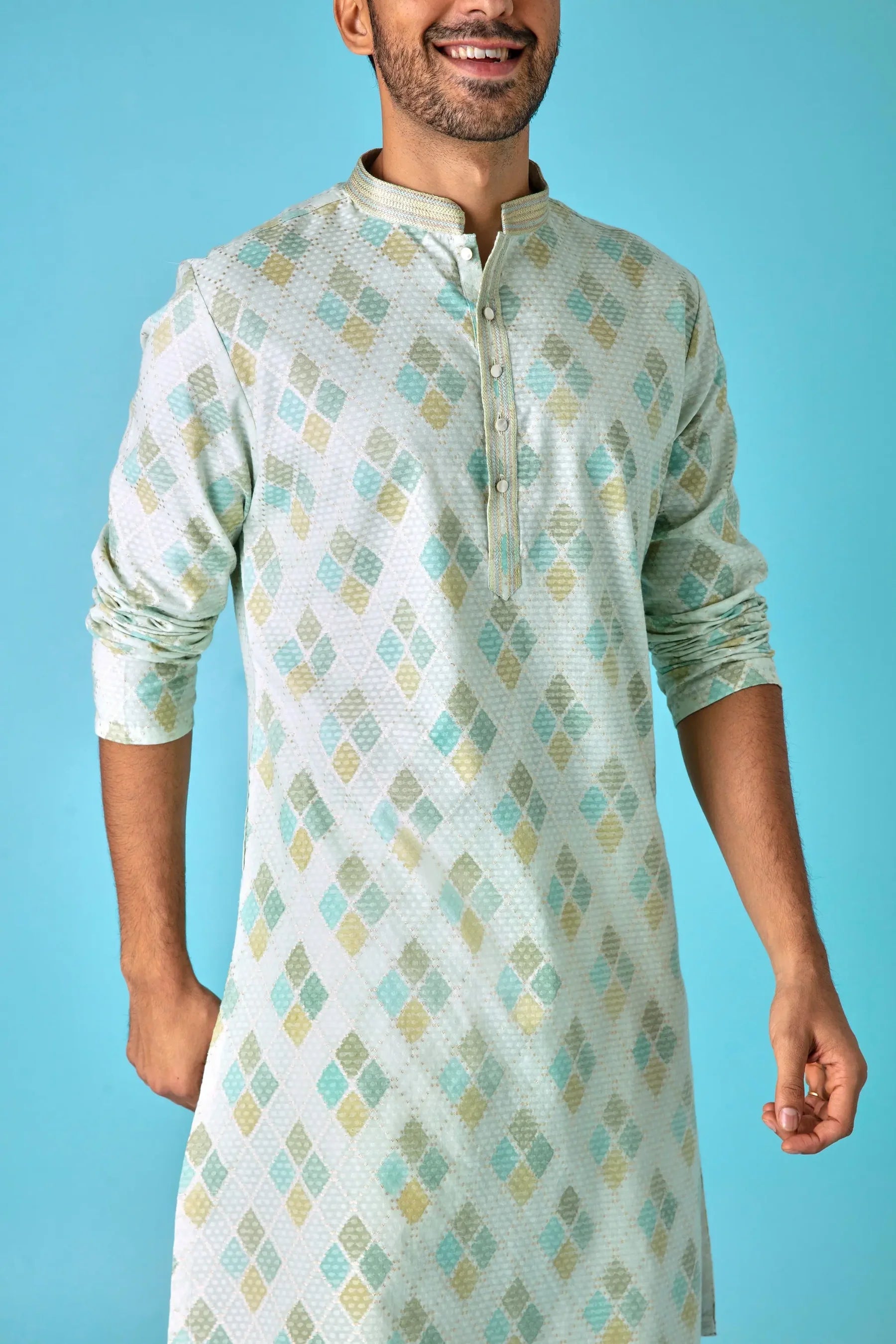 Emerald Elegance: Diamond Print Jaquard Green Kurta