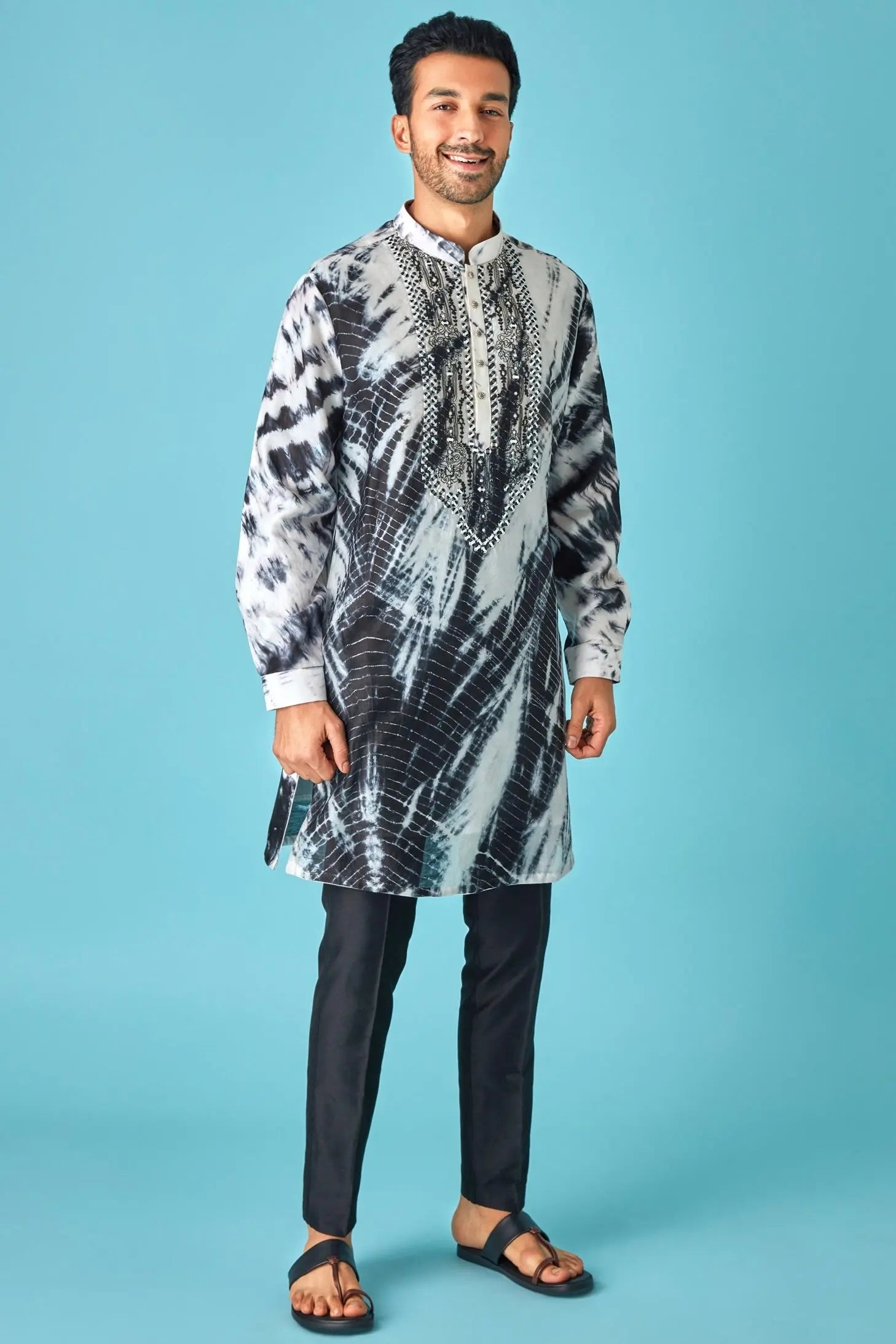 Monochrome Beauty: White and Black Tie-Dye Pure Linen Kurta with Mirror and Dori Embroidery