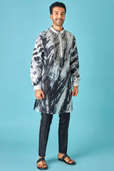Monochrome Beauty: White and Black Tie-Dye Pure Linen Kurta with Mirror and Dori Embroidery