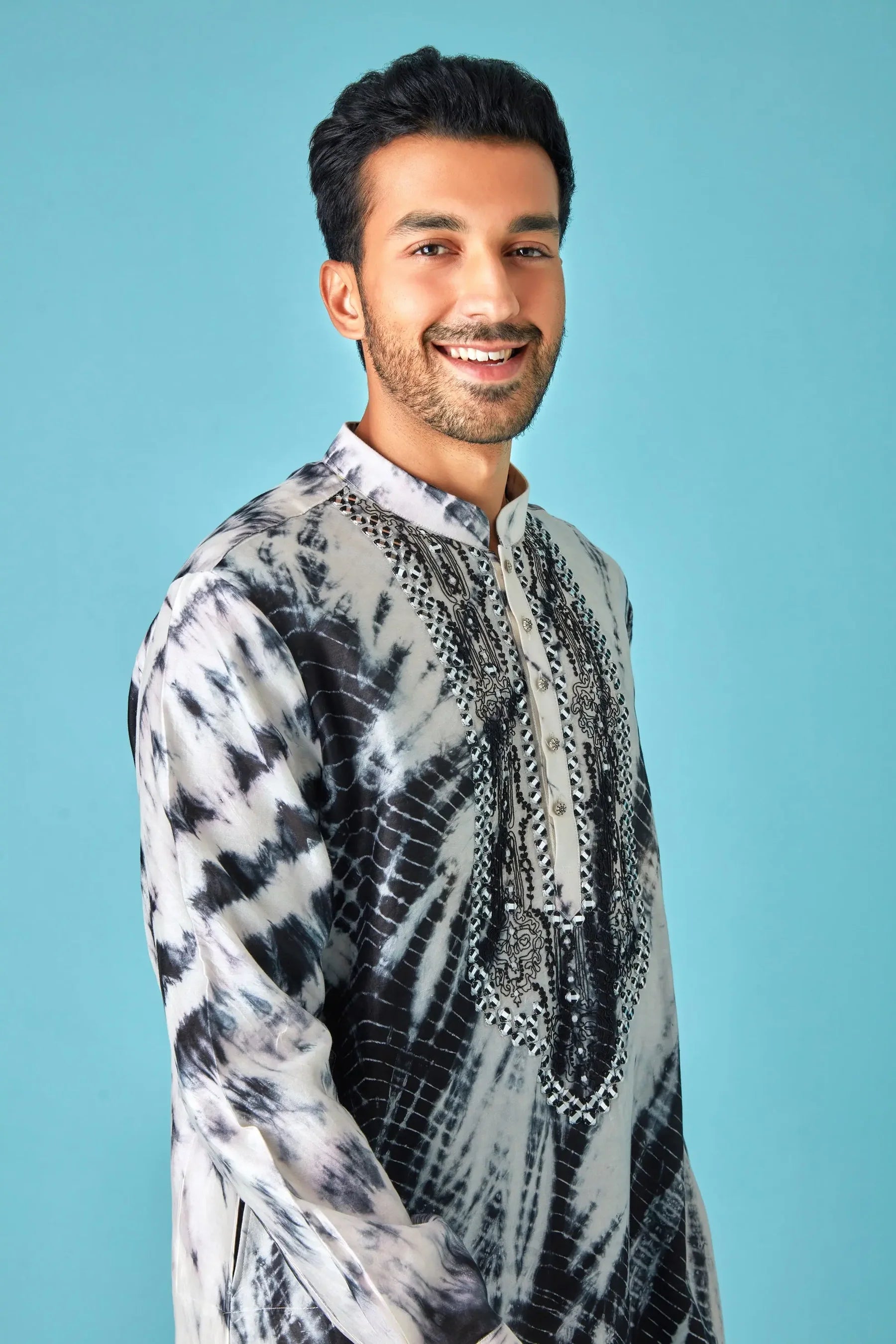 Monochrome Beauty: White and Black Tie-Dye Pure Linen Kurta with Mirror and Dori Embroidery