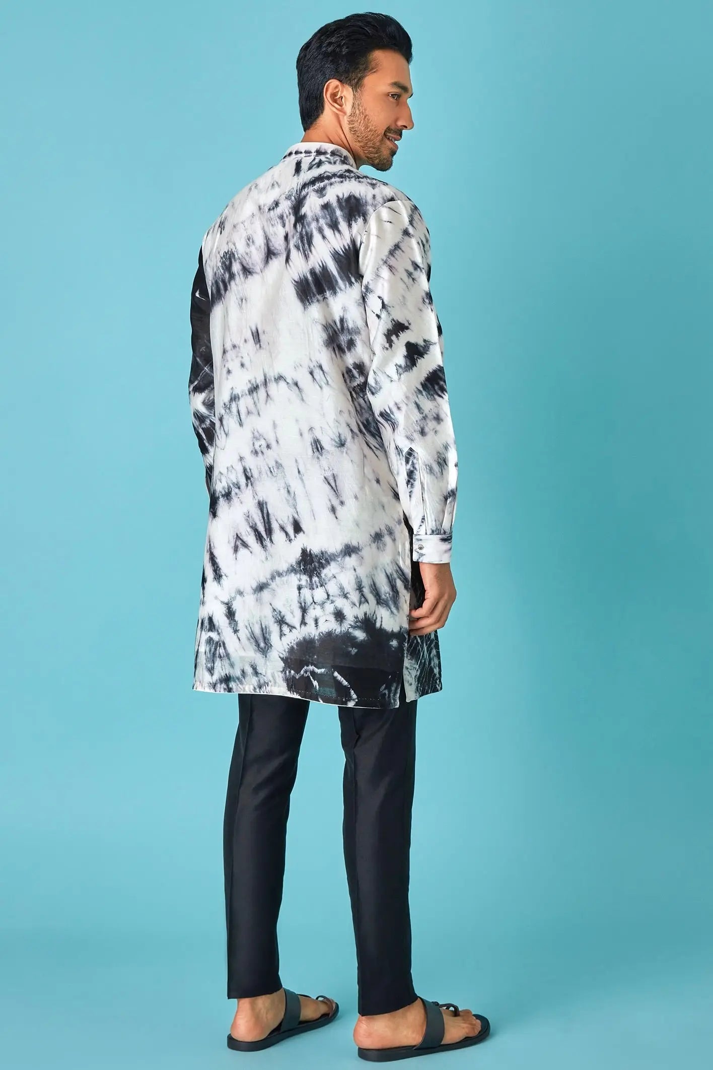 Monochrome Beauty: White and Black Tie-Dye Pure Linen Kurta with Mirror and Dori Embroidery