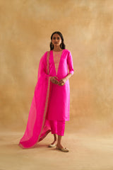 Katan Silk Kurta Set with Botanical Weave & Organza Dupatta