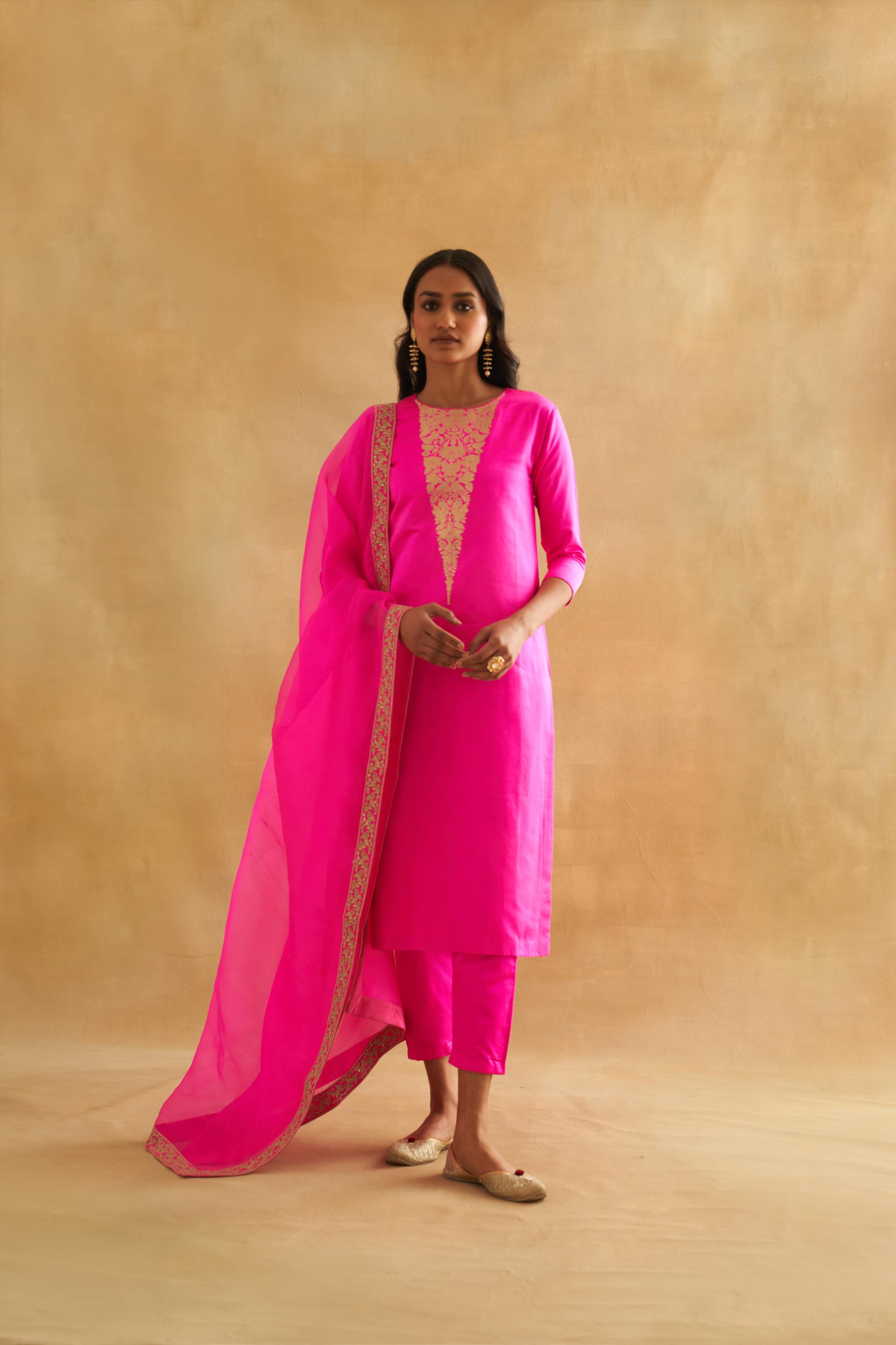 Katan Silk Kurta Set with Botanical Weave & Organza Dupatta