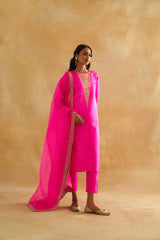 Katan Silk Kurta Set with Botanical Weave & Organza Dupatta