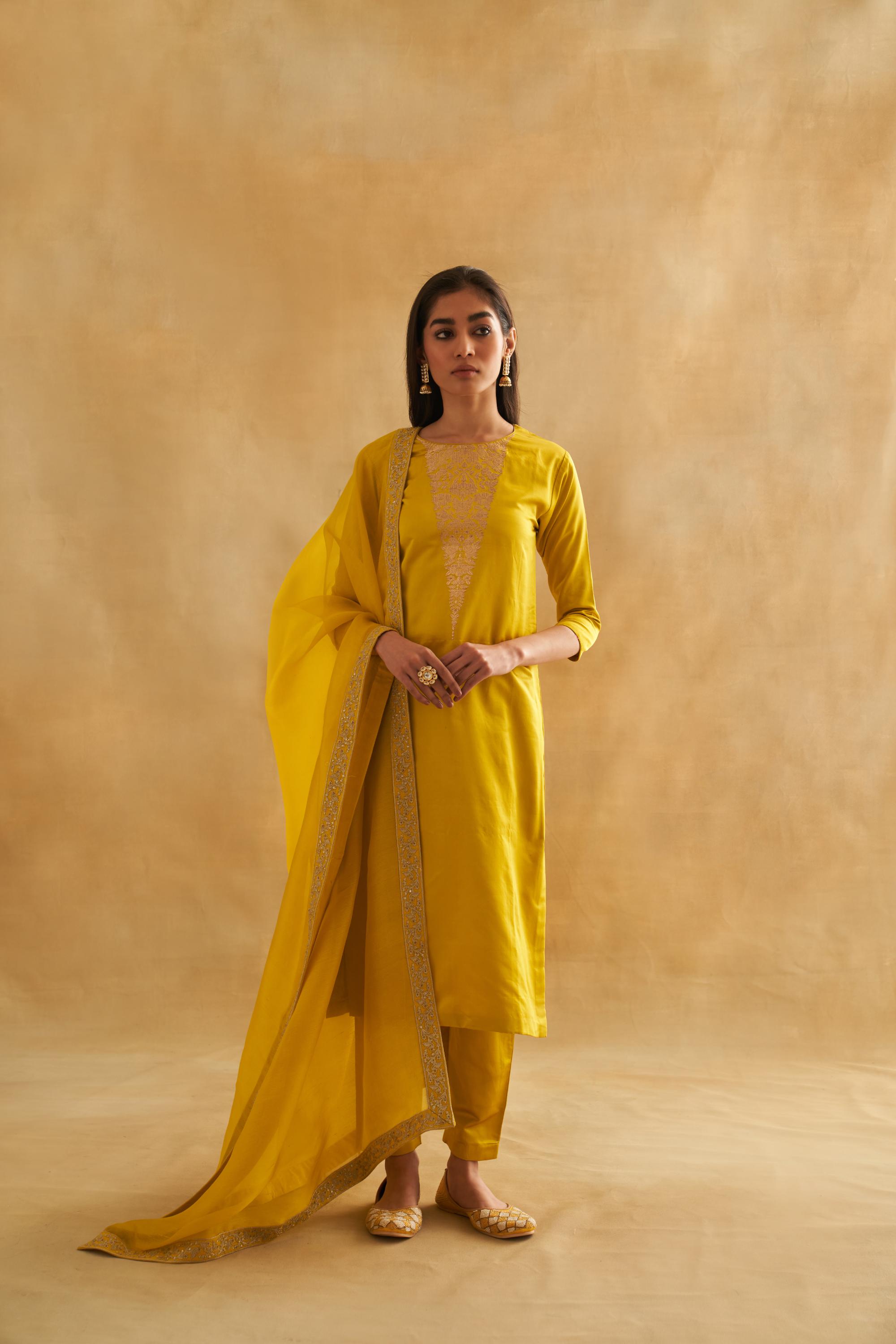 Katan Silk Kurta Set with Botanical Weave & Organza Dupatta