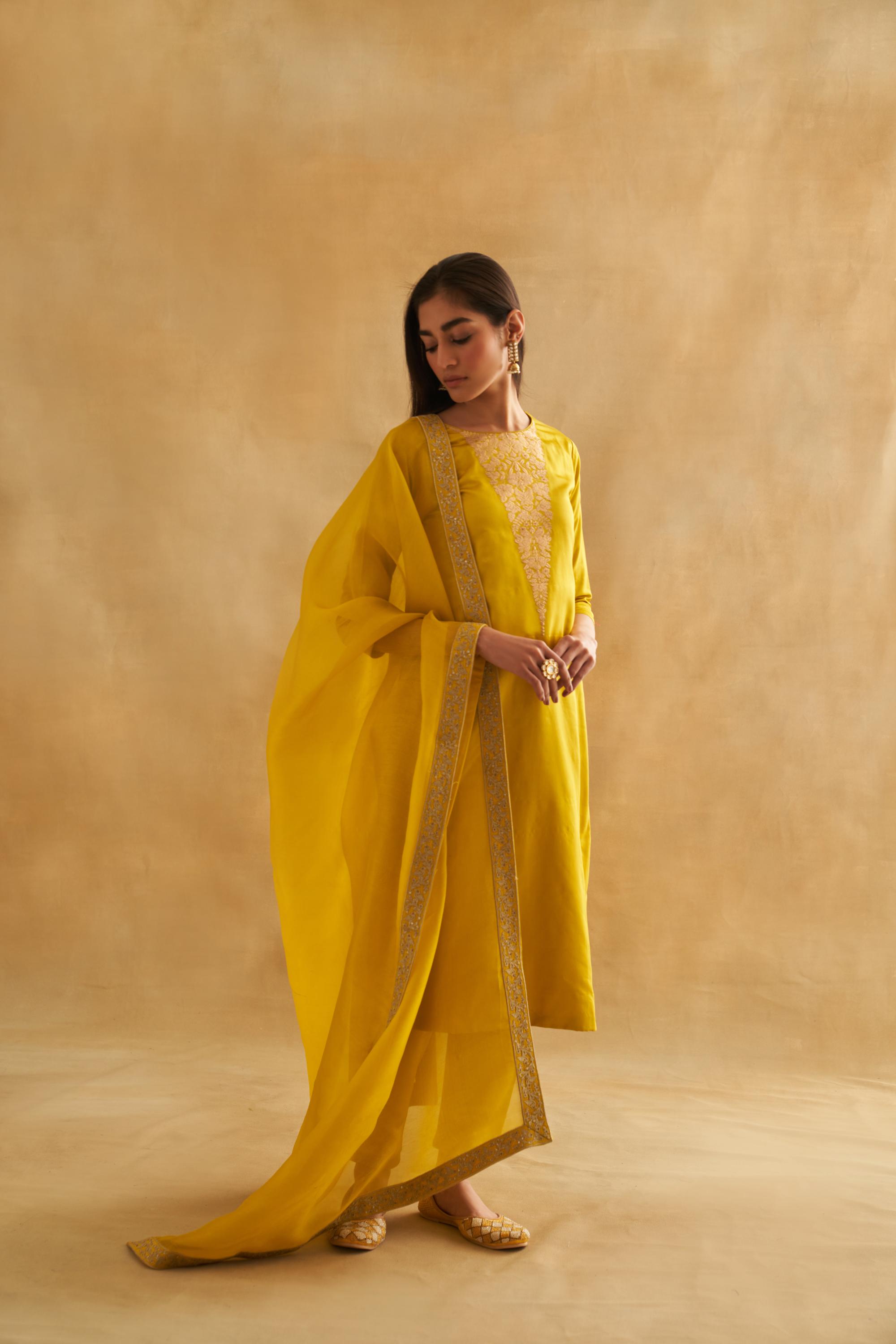 Katan Silk Kurta Set with Botanical Weave & Organza Dupatta