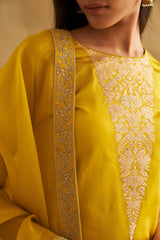 Katan Silk Kurta Set with Botanical Weave & Organza Dupatta