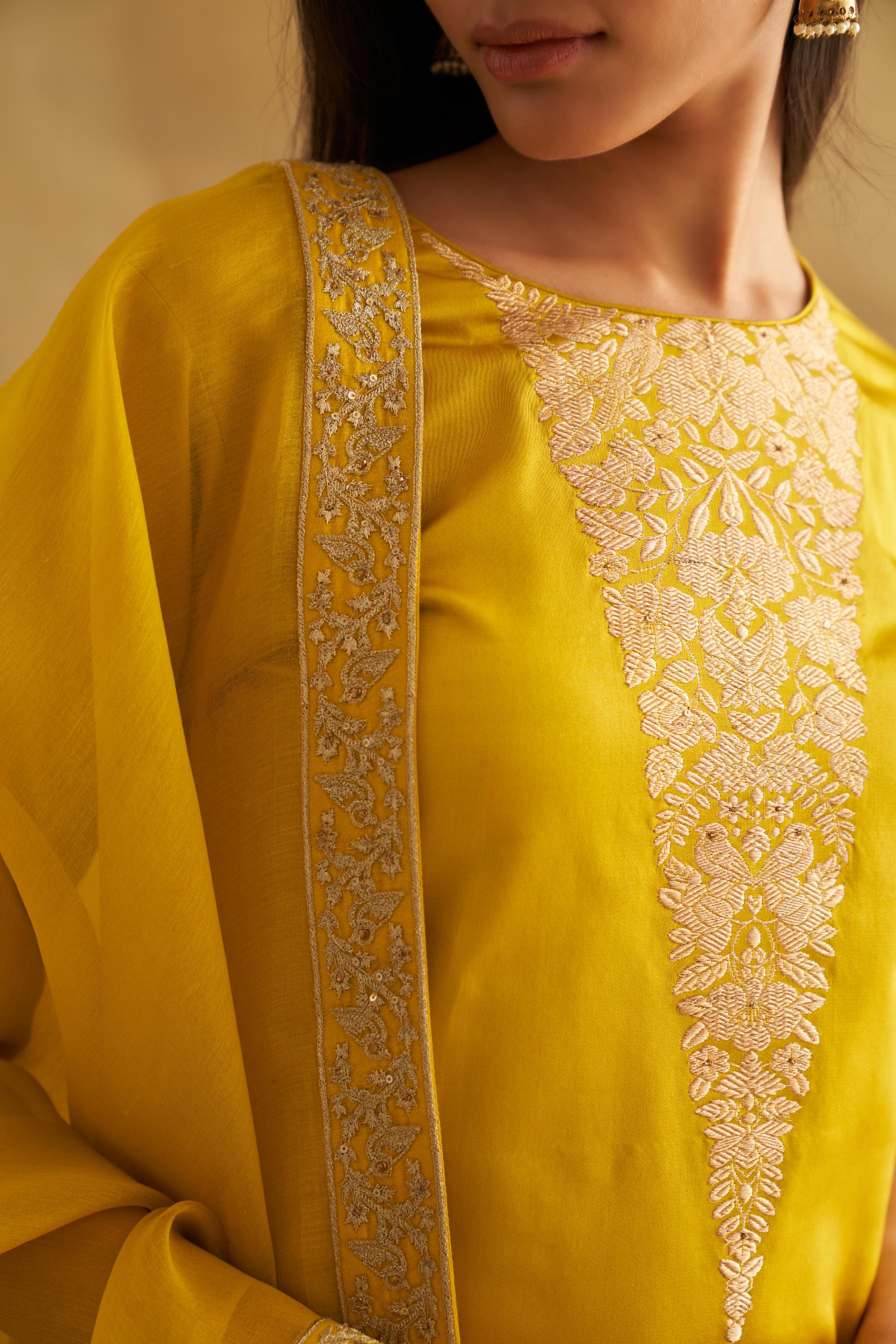 Katan Silk Kurta Set with Botanical Weave & Organza Dupatta