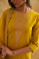 Katan Silk Kurta Set with Botanical Weave & Organza Dupatta