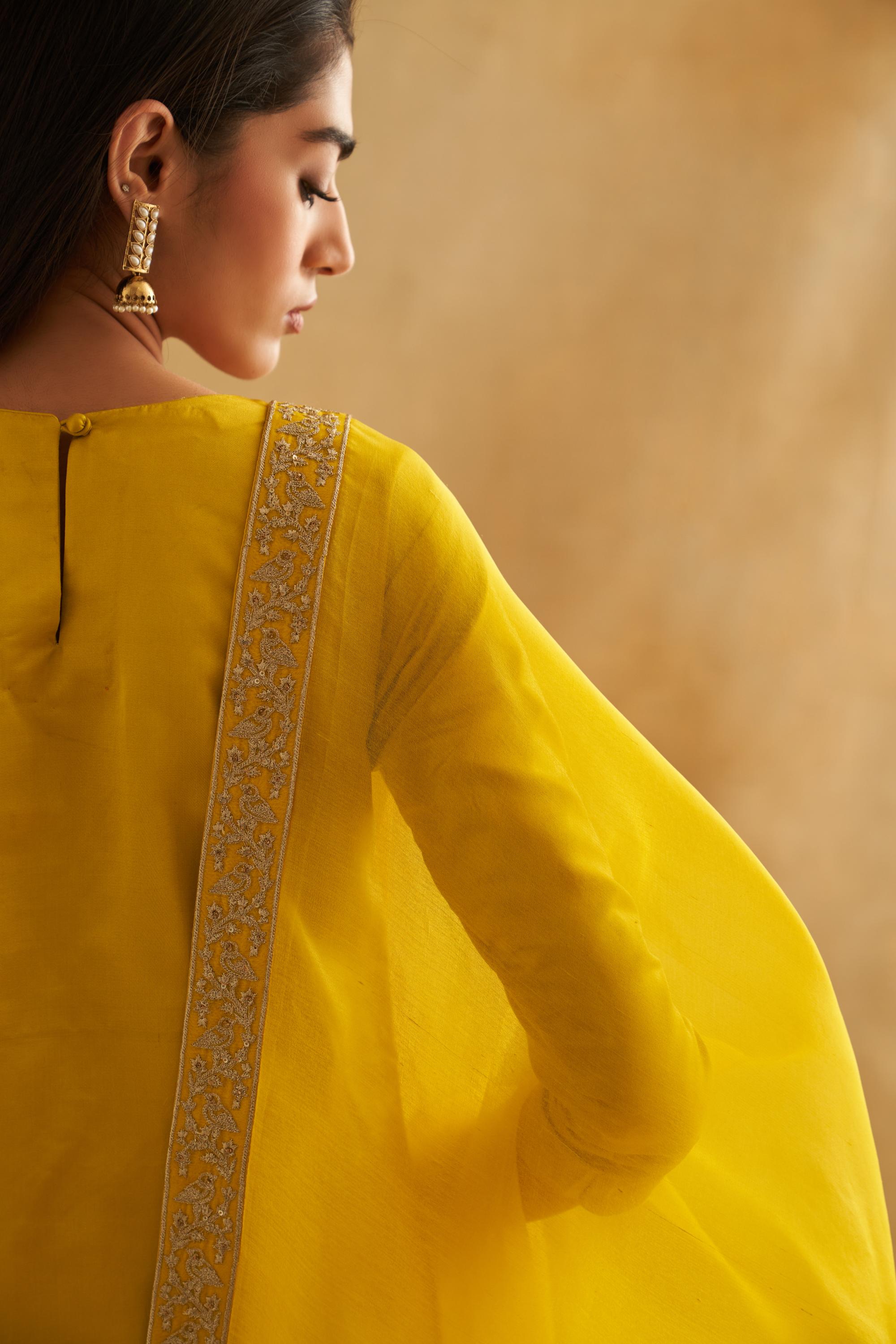 Katan Silk Kurta Set with Botanical Weave & Organza Dupatta