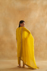 Katan Silk Kurta Set with Botanical Weave & Organza Dupatta