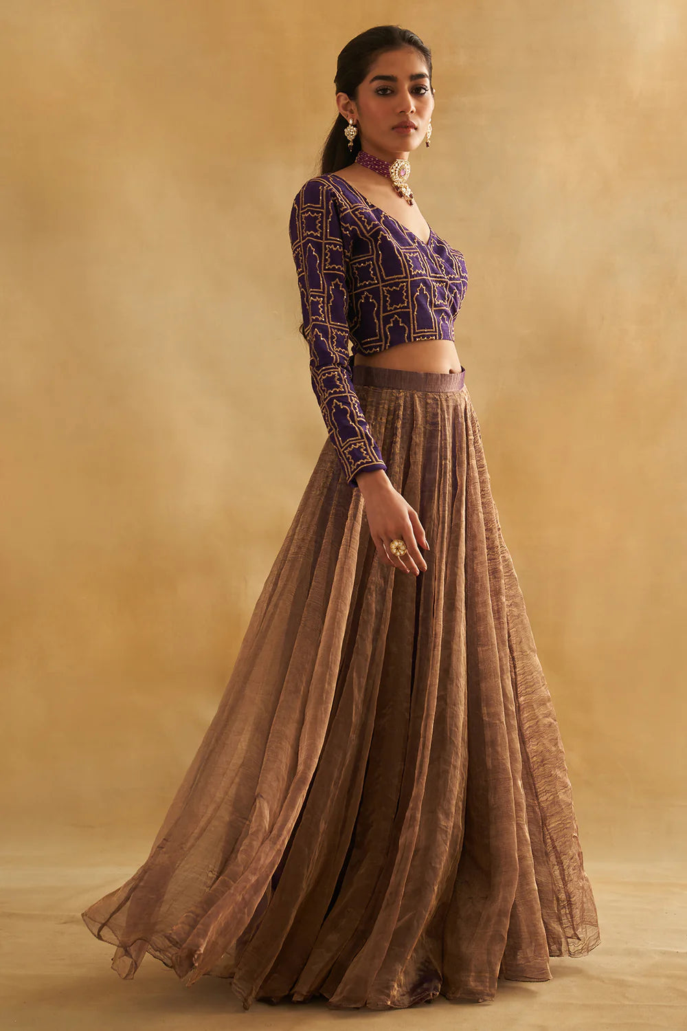 Zari Tissue Gold Kalidaar Lehenga with Raw Silk Angrakha Blouse & Organza Dupatta