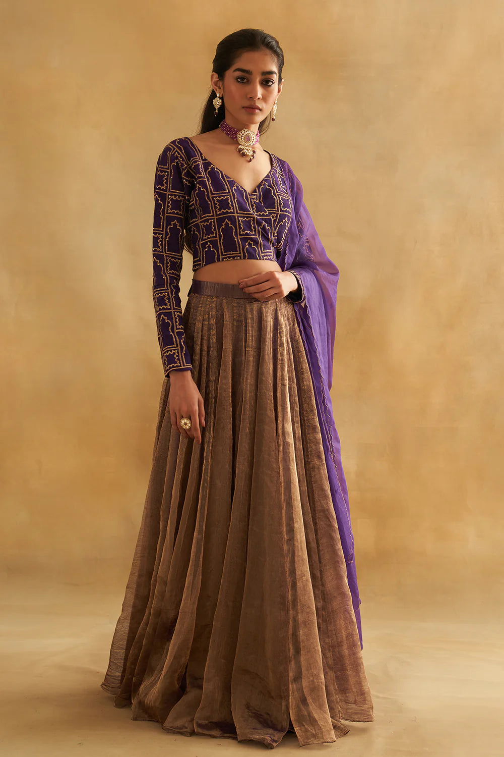 Zari Tissue Gold Kalidaar Lehenga with Raw Silk Angrakha Blouse & Organza Dupatta