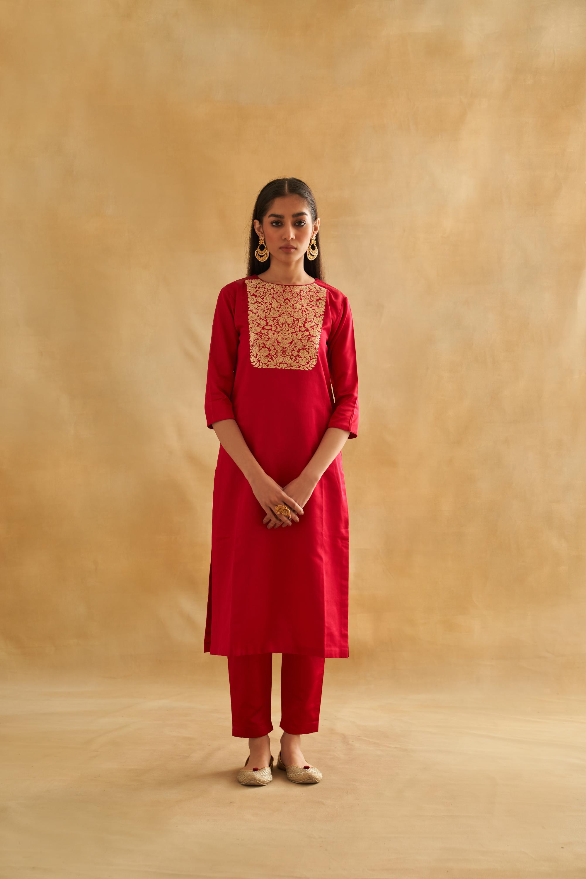 Katan Silk Floral Weave Kurta Set with Organza Dupatta