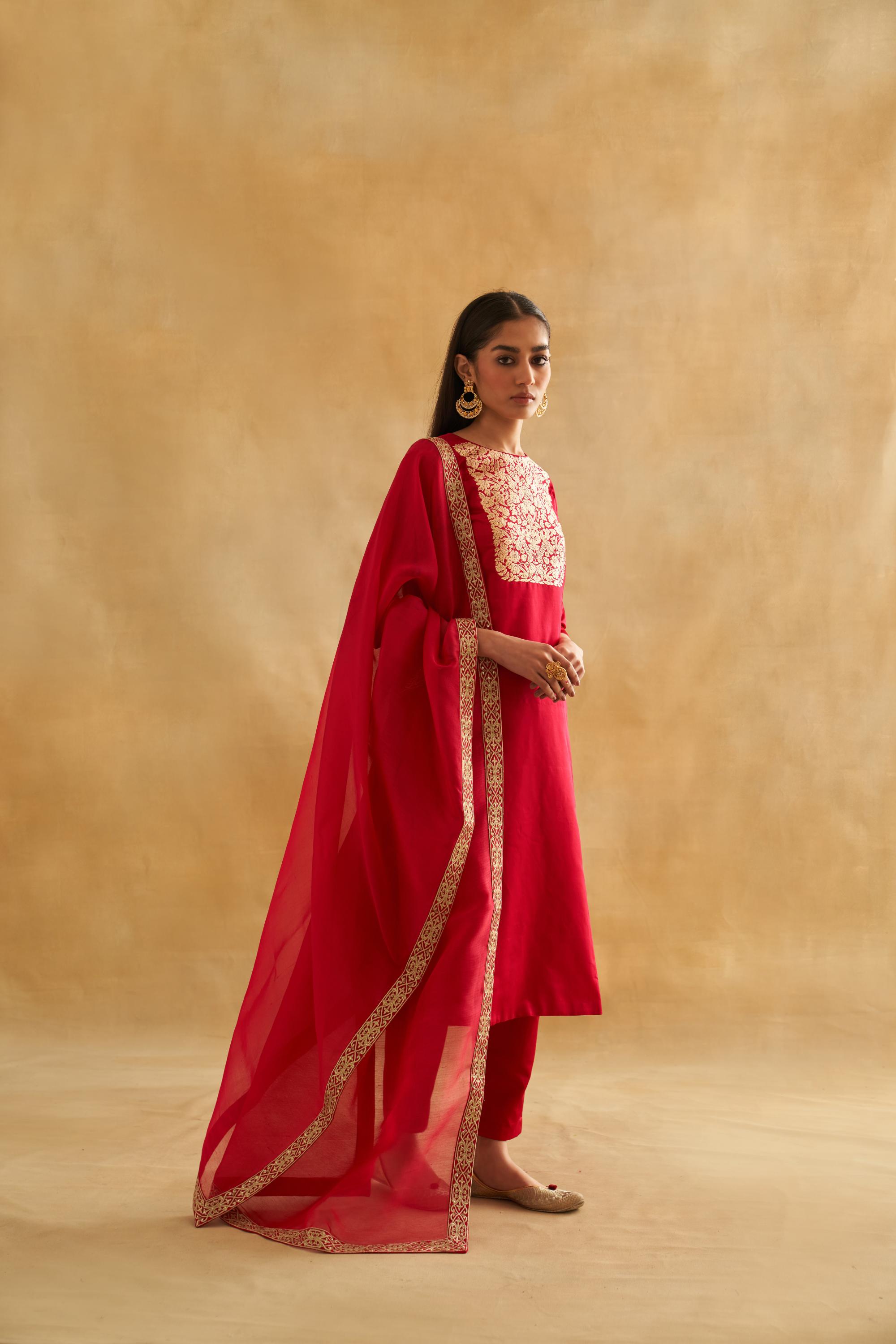 Katan Silk Floral Weave Kurta Set with Organza Dupatta