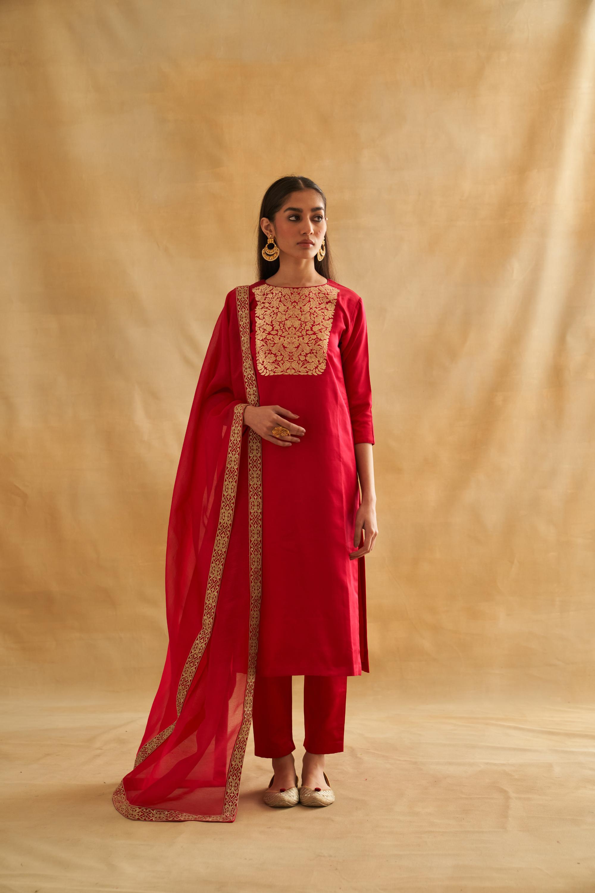 Katan Silk Floral Weave Kurta Set with Organza Dupatta
