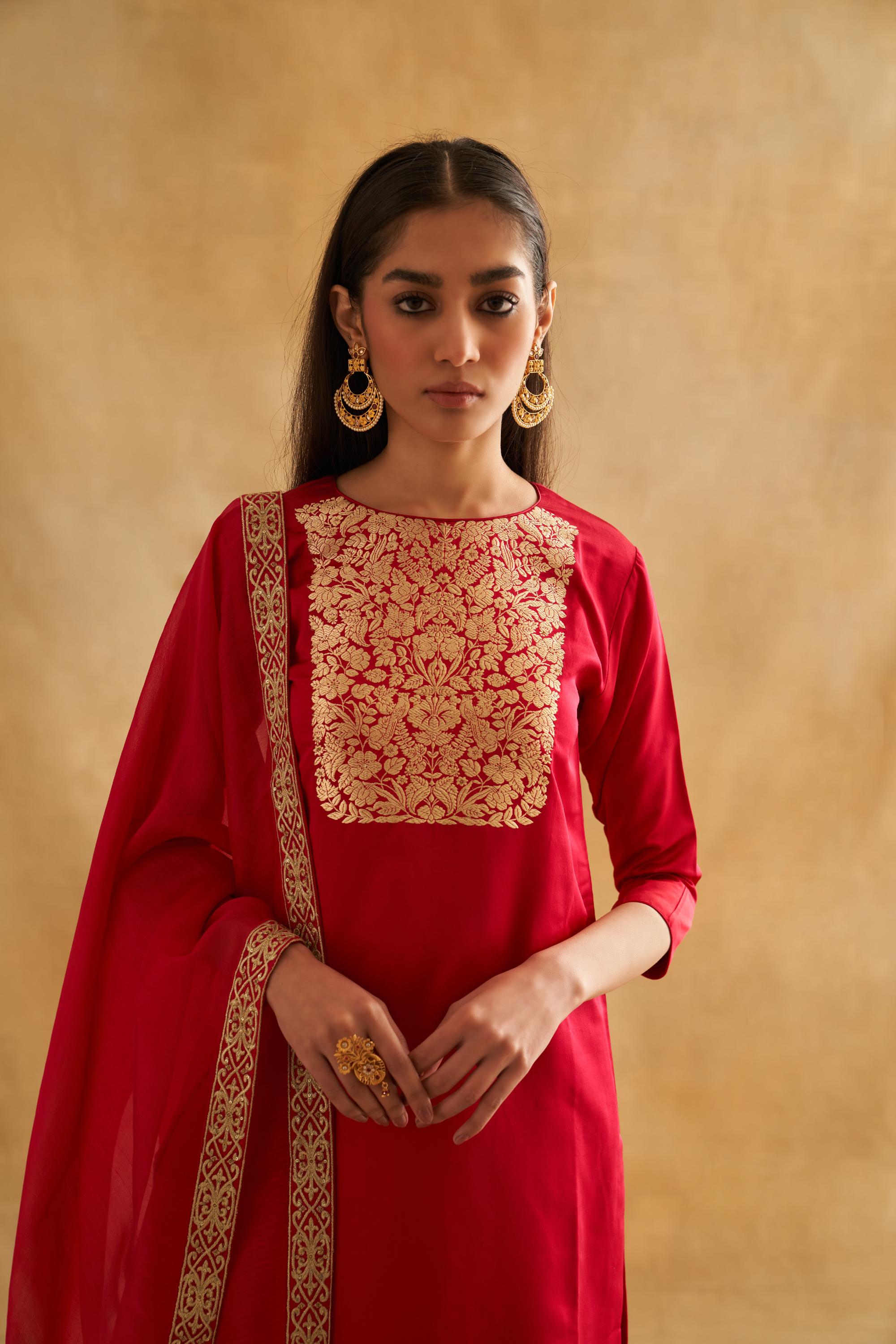 Katan Silk Floral Weave Kurta Set with Organza Dupatta