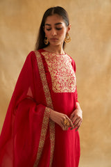 Katan Silk Floral Weave Kurta Set with Organza Dupatta