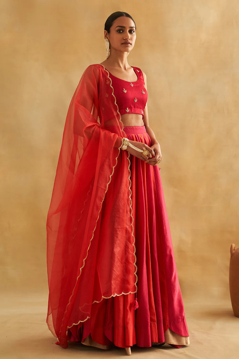 Chanderi Silk Kalidaar Lehenga with Zari Tissue Border & Mushroo Silk Blouse