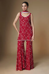 Red floral embroidered kurta and sharara set