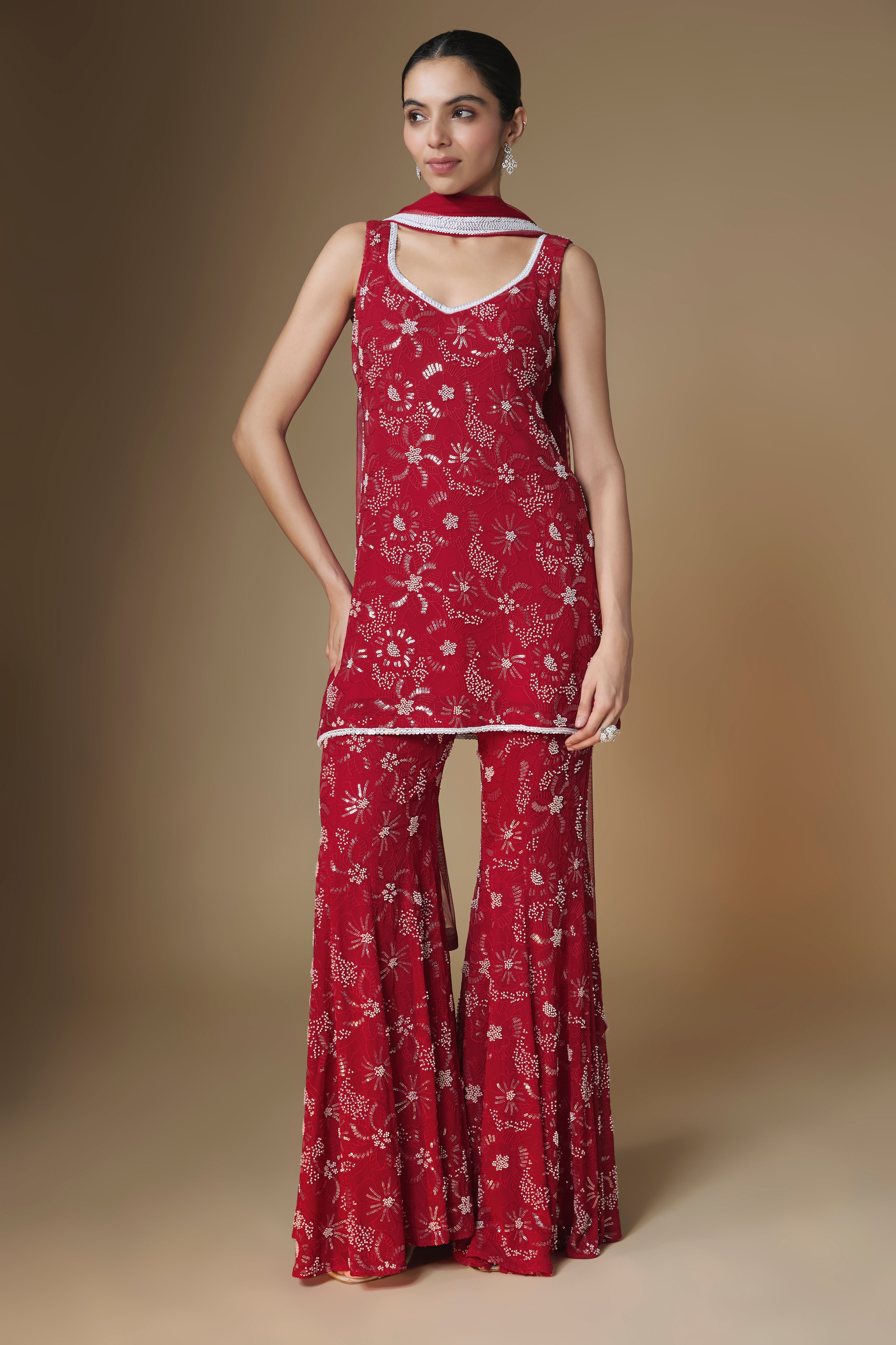 Red floral embroidered kurta and sharara set