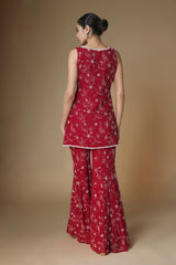 Red floral embroidered kurta and sharara set