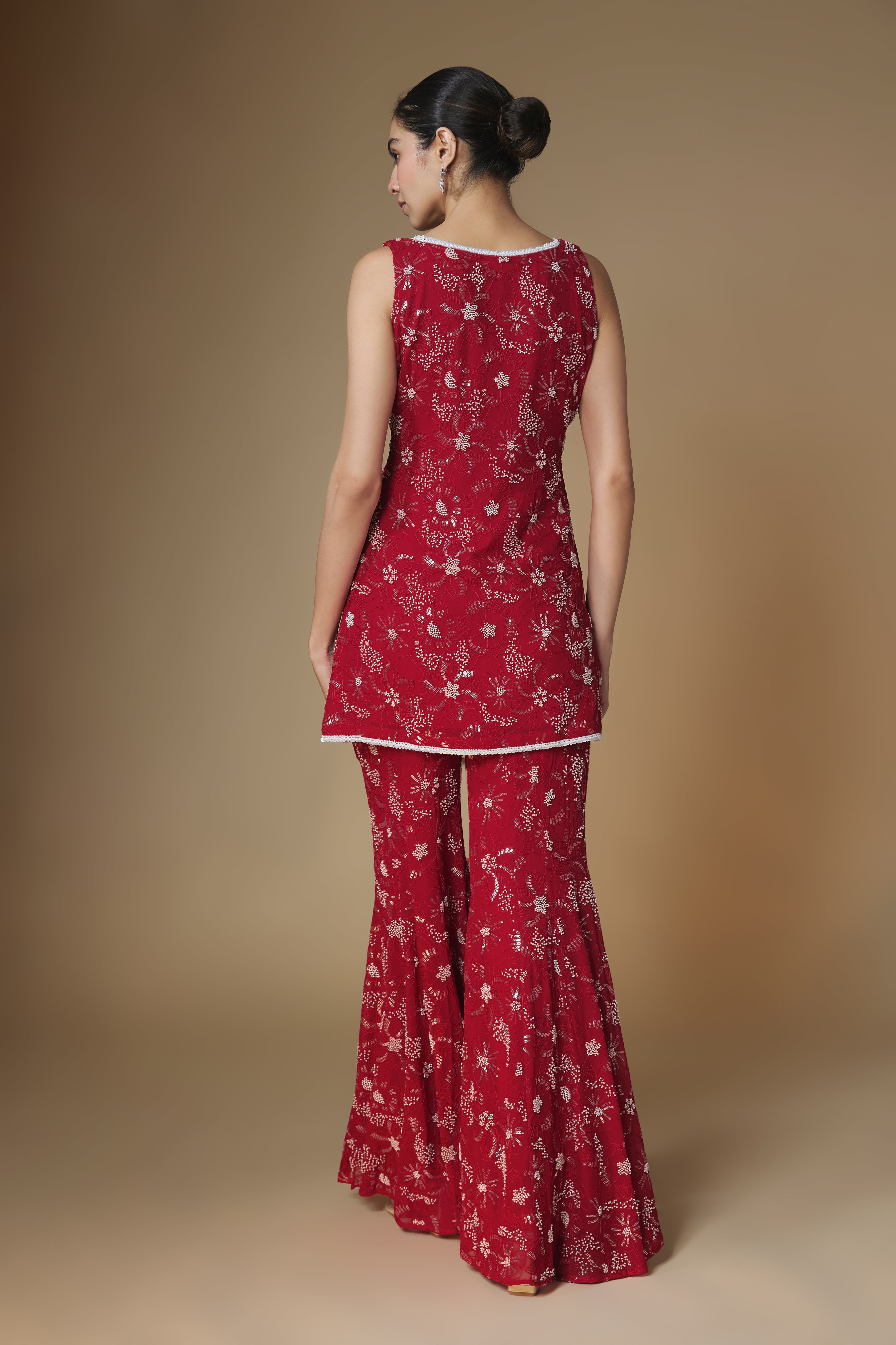 Red floral embroidered kurta and sharara set