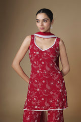 Red floral embroidered kurta and sharara set