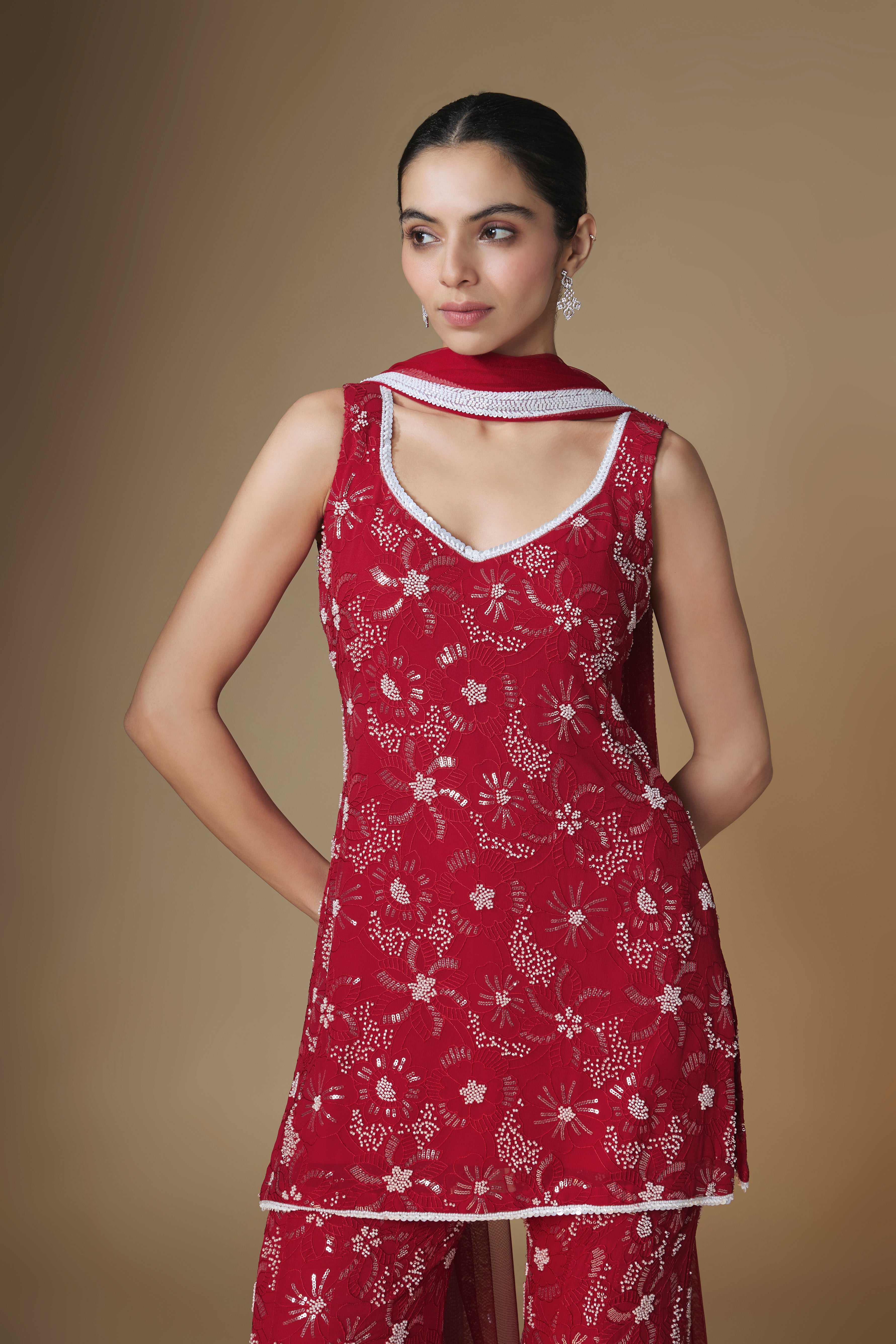 Red floral embroidered kurta and sharara set