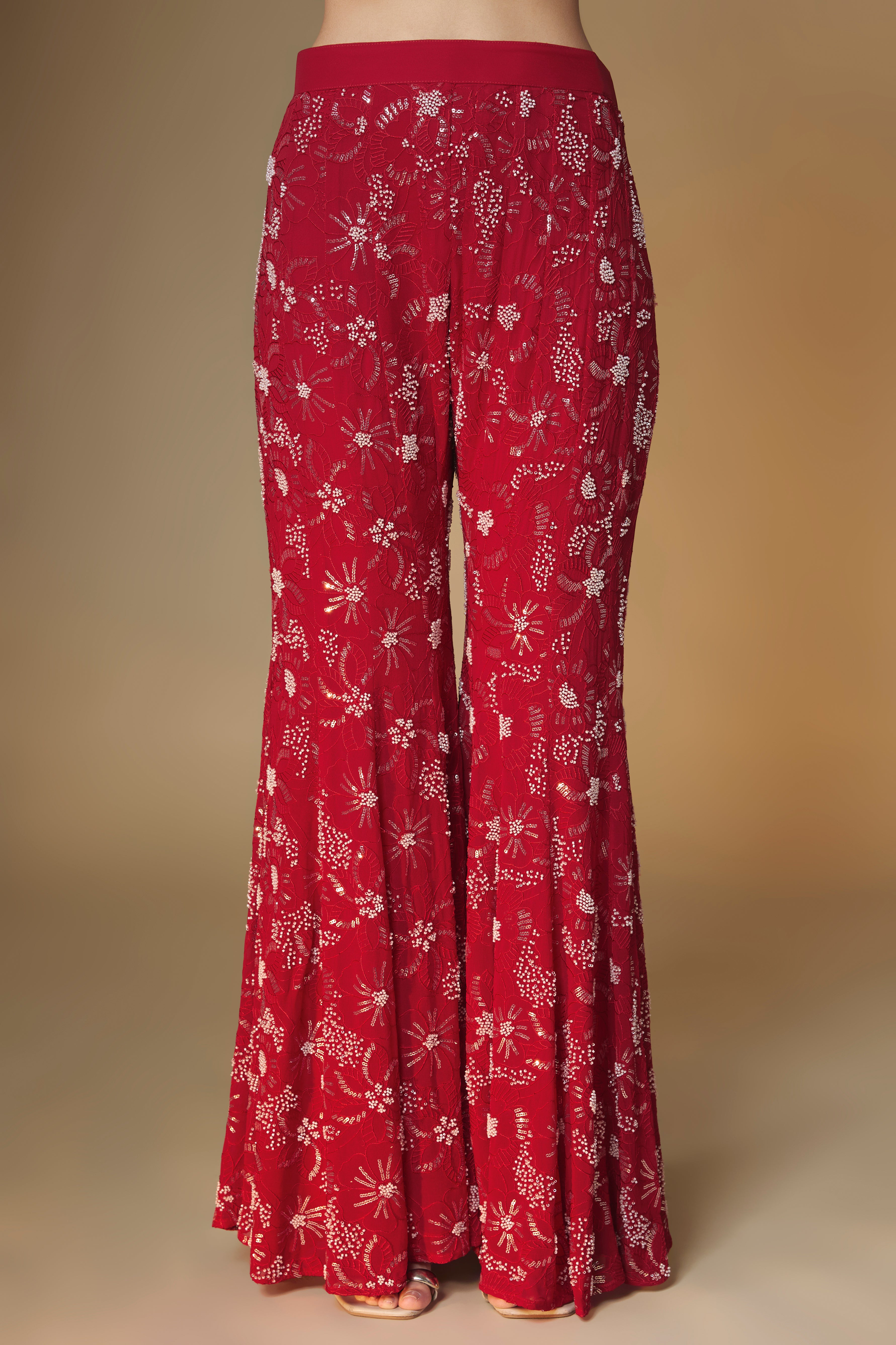 Red floral embroidered kurta and sharara set