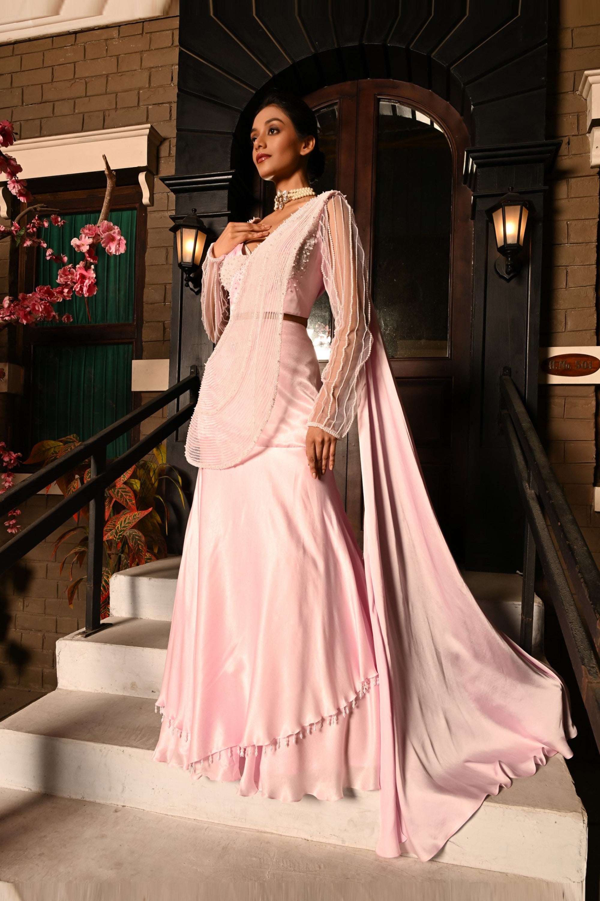 PINK COLOR PRE DRAPPED INDO WESTERN SAREE