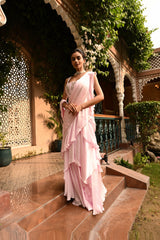 PINK COLOR EMBROIDERED PRE DRAPPED INDO WESTERN SAREE
