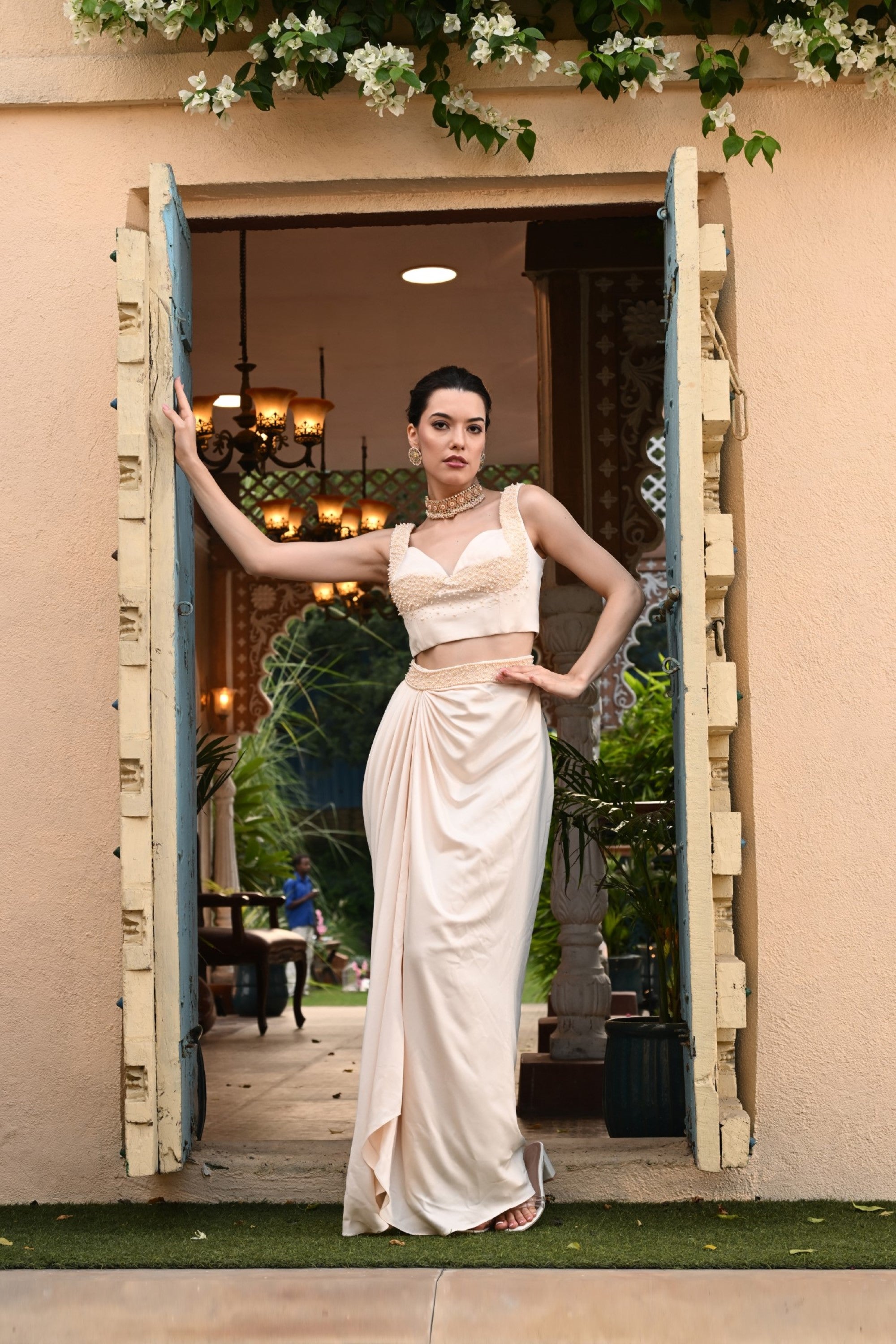 ivory indo western dress Timeless Ivory  Elegant Front Slit Lehenga Set with Threadwork Detailing