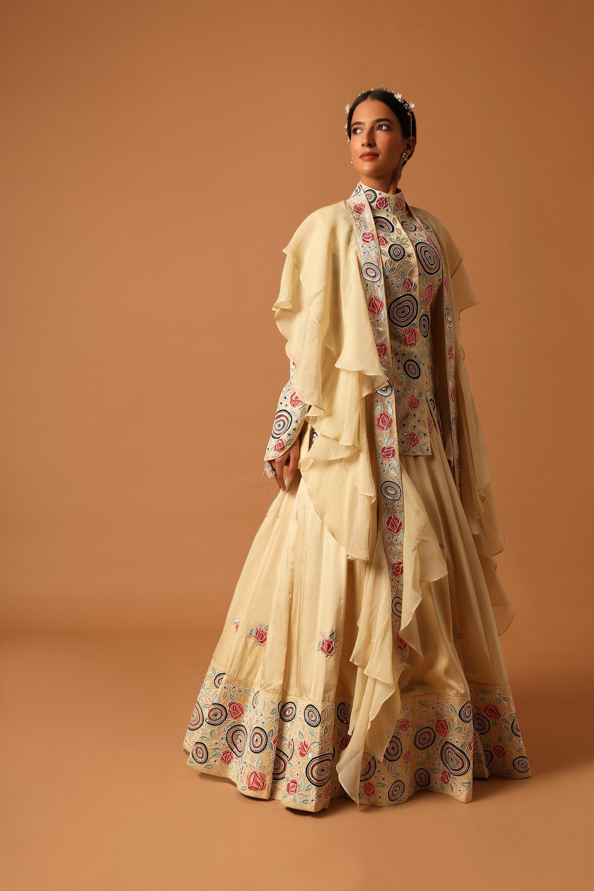 beige embroidered jacket with lehenga and dupatta