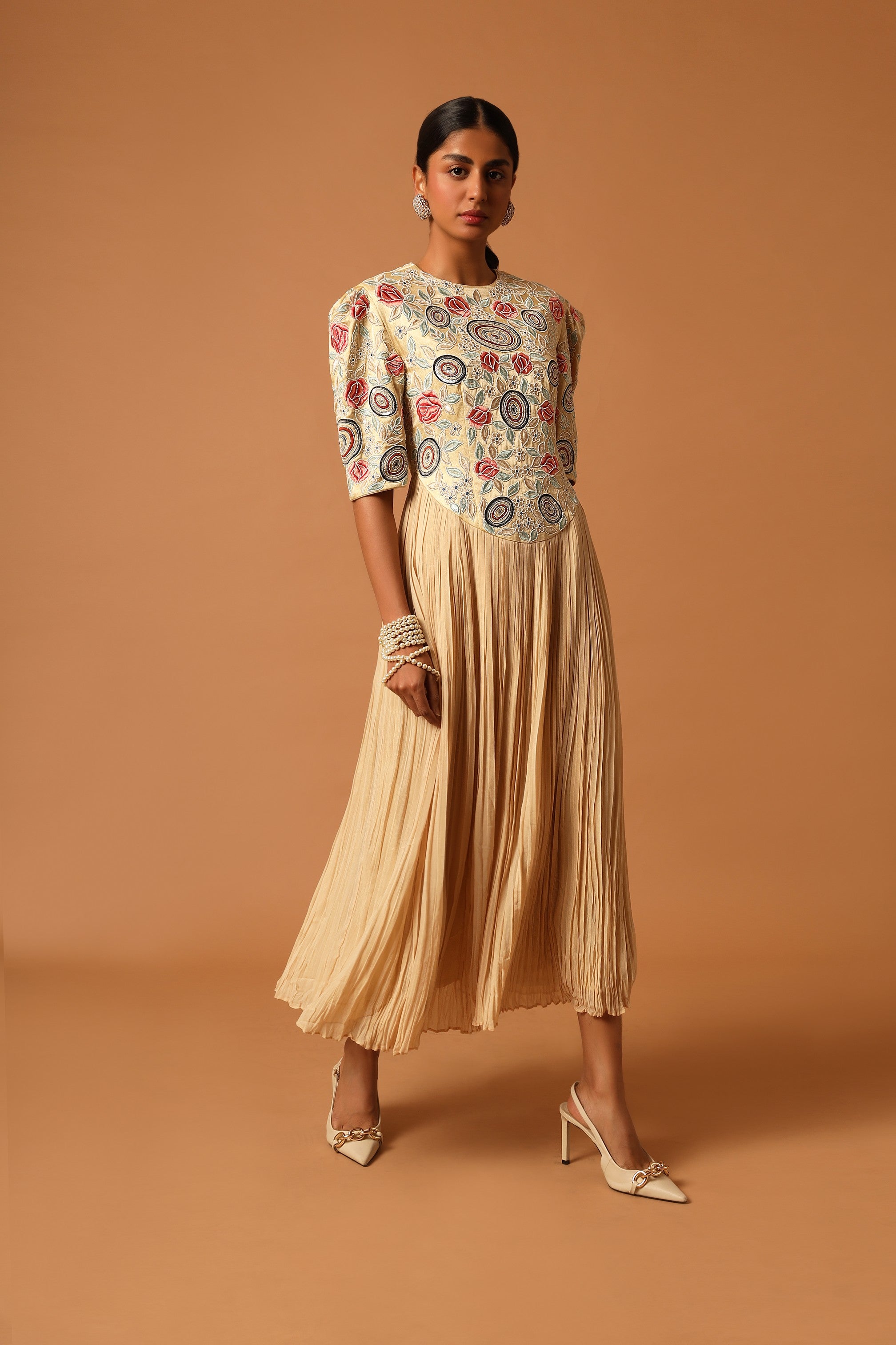 Beige embroidered yoke gathered dress
