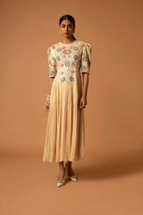 Beige embroidered yoke gathered dress