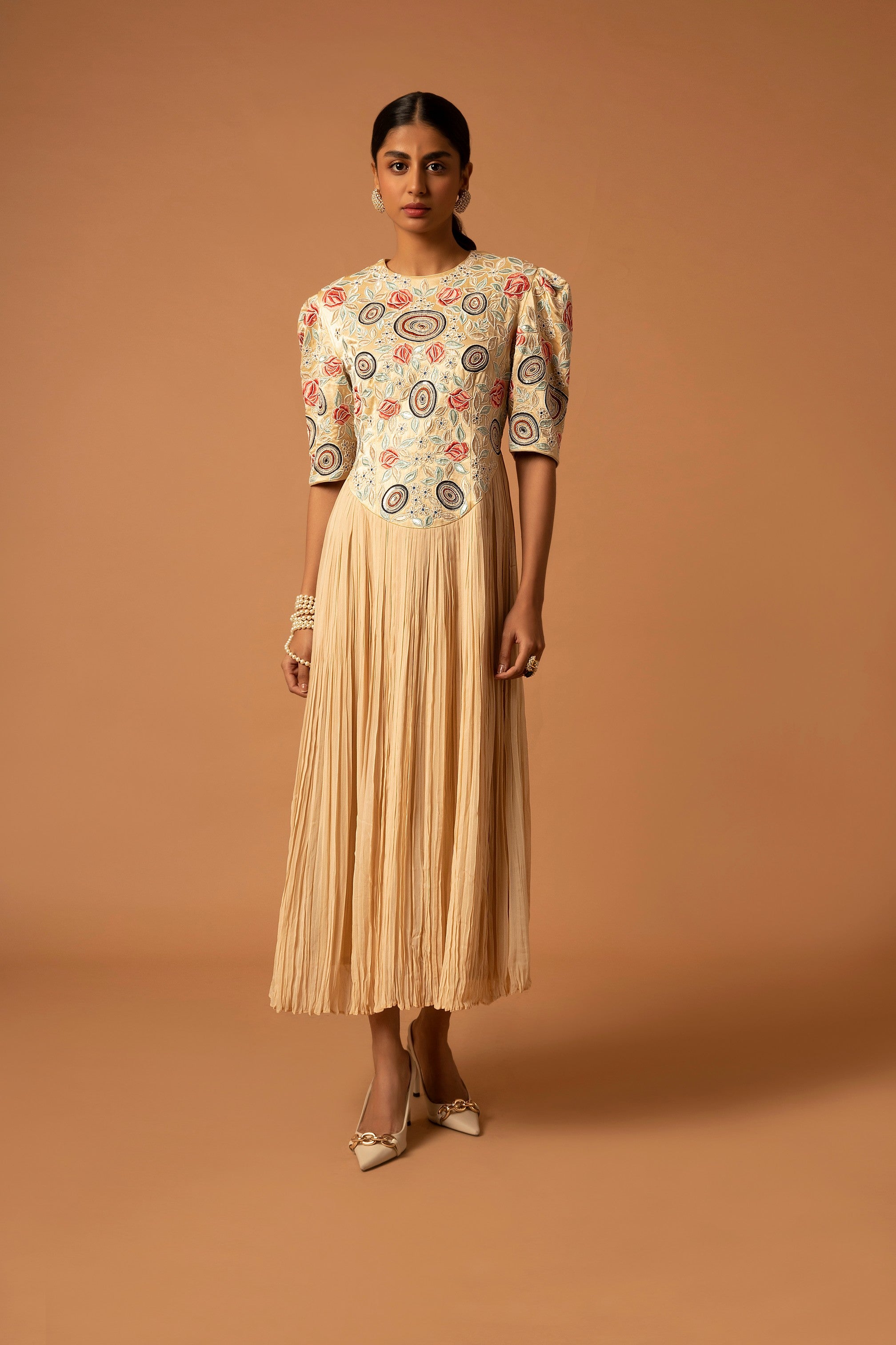 Beige embroidered yoke gathered dress