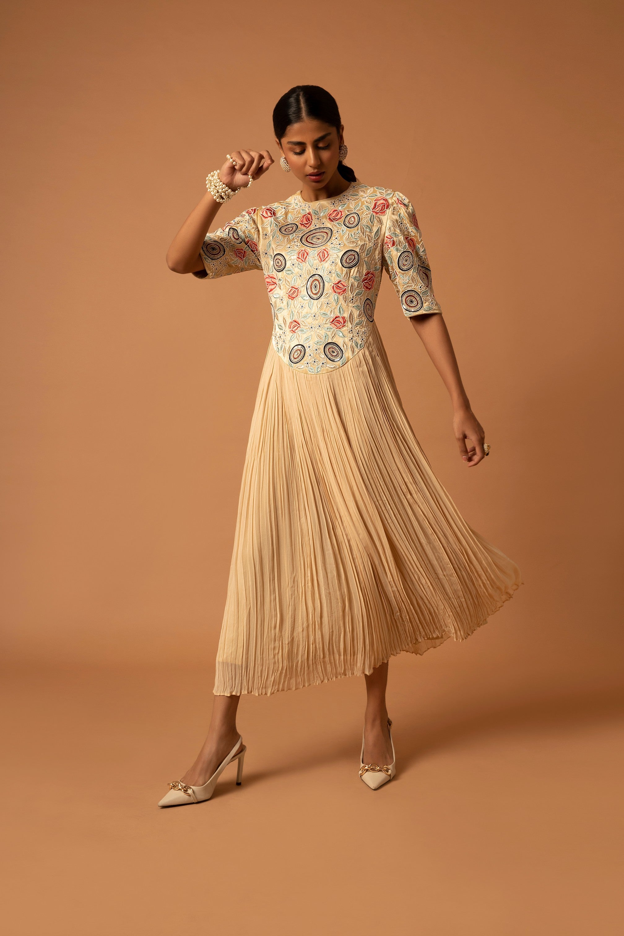 Beige embroidered yoke gathered dress